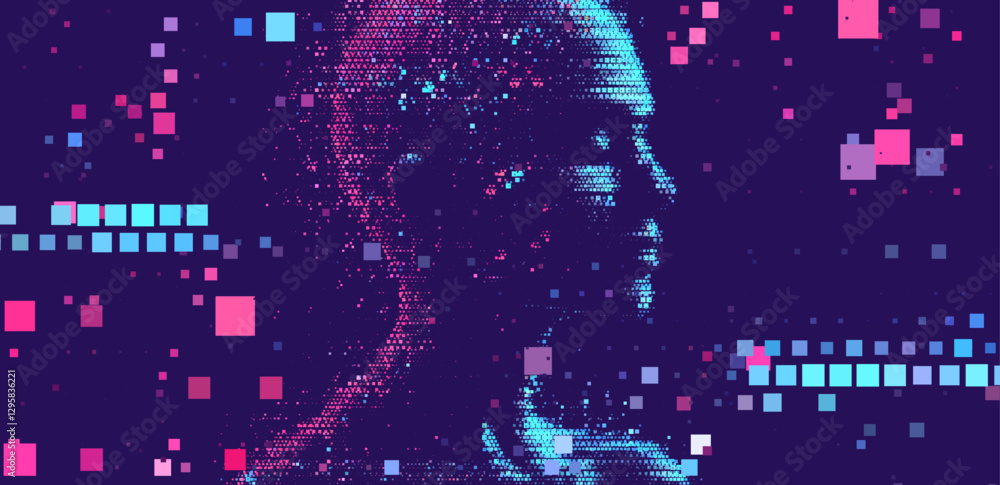 Fototapete Digital vector illustration depicts artificial intelligence through a pixelated face and code snippets, symbolizing technology, data, and machine learning in a blue color scheme.