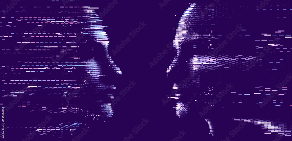 Aufkleber digital vector illustration depicts two pixelated faces in profile, facing each other, with glitch-l