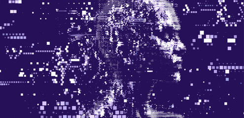 Digital vector illustration depicts artificial intelligence through a pixelated face and code snippets, symbolizing technology, data, and machine learning in a blue color scheme.