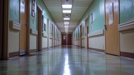 An empty hospital hallway with clean, sterile walls, bright lighting, and a quiet, calm atmosphere, evoking a sense of solitude and professionalism in a healthcare setting.