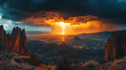 Fototapeta premium Dramatic lightning storm illuminates canyon landscape during dusk in a remote wilderness area