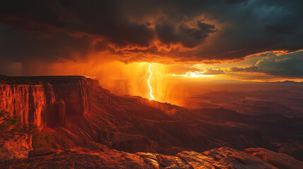 Fototapeta premium Dramatic lightning strikes over rugged cliffs during a vibrant sunset in a canyon landscape