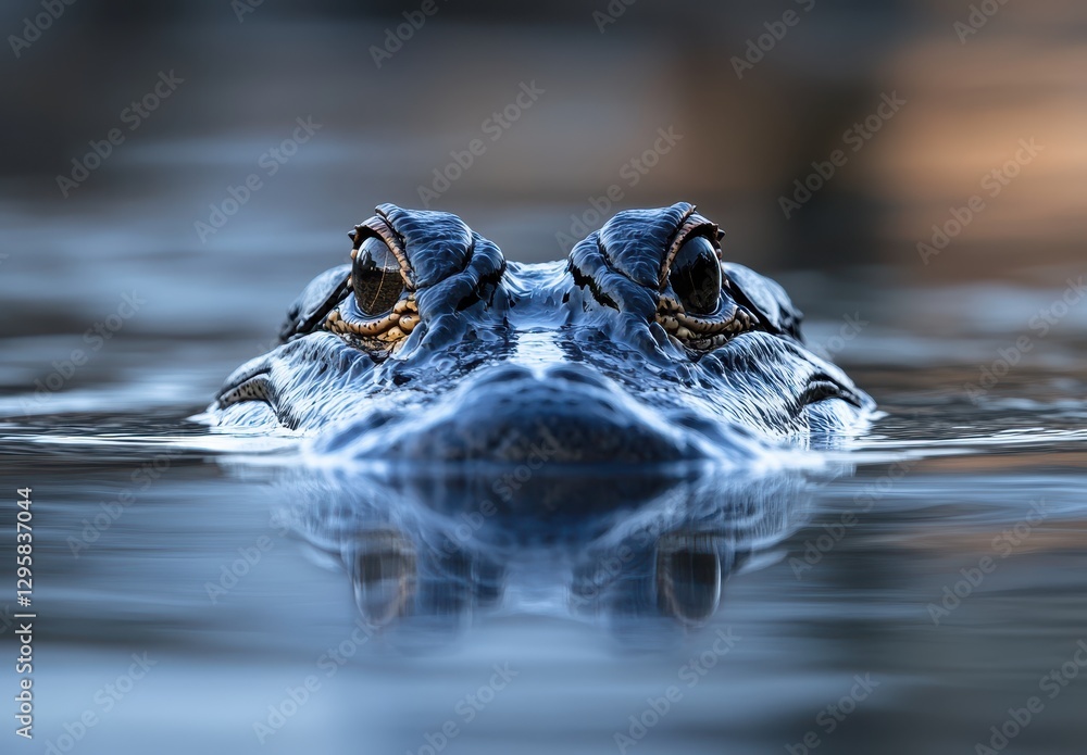 Aufkleber close-up of a calm alligator's face emerging from still water with sharp eyes and reflected light in