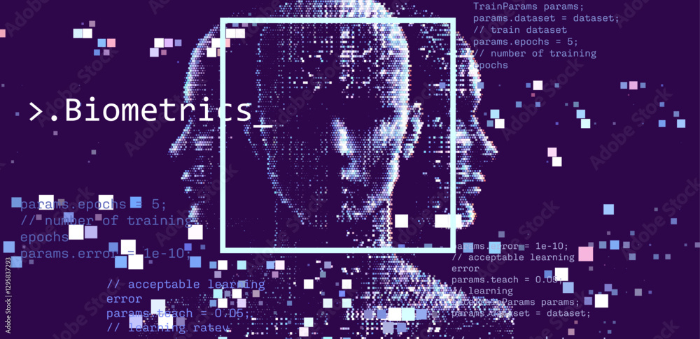 Poster Vector illustration of a pixelated faces overlaid with code, representing biometrics and technology in a digital landscape with blue tones and data elements.