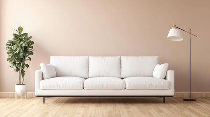 A contemporary 3D living room design showcasing a white sofa, floor lamp, and a potted plant, set against a neutral wall and wooden floor, creating a spacious, minimalist atmosphere.