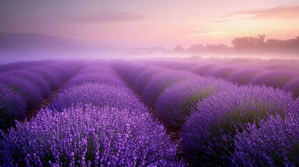 Obraz premium Expansive Lavender Fields at Sunrise with Soft Mist and Vibrant Purple Blooms Beneath a Colorful Sky