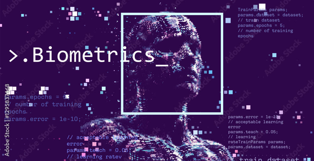 Poster Vector illustration of a pixelated face overlaid with code, representing biometrics and technology in a digital landscape with blue tones and data elements.