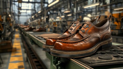 Worn Brown Leather Shoes on Factory Conveyor Belt