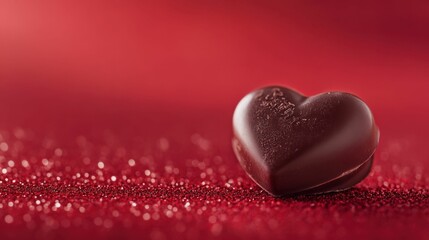 Obraz premium Close-up of a heart-shaped chocolate candy resting on a red background, illuminated by soft lighting, festive and romantic