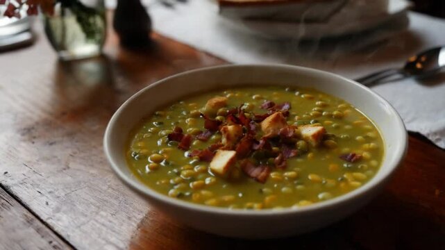 Warm bowl of split pea soup garnished with croutons and crispy bacon, cozy dining table setup, moody natural lighting, steam rising from the bowl, hearty and comforting vibe
