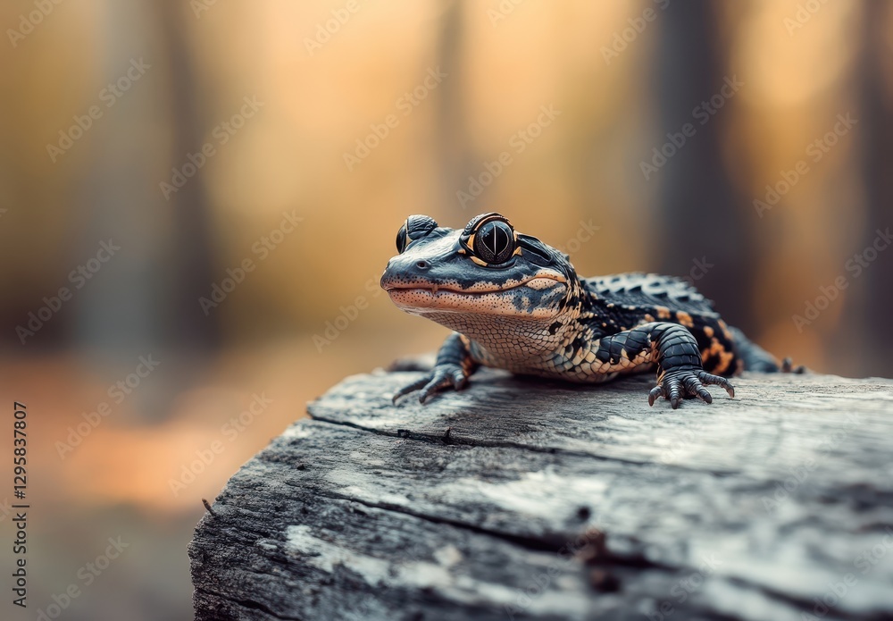 Poster close-up of a colorful amphibian sitting on a log in a natural habitat with soft background lighting