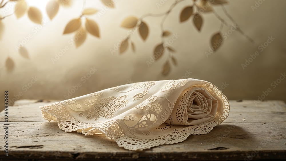 Poster delicate lace tablecloth elegantly folded on rustic wooden table with soft backlighting and leaf pat