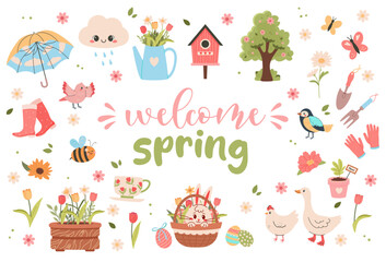 Welcome spring elements collection - big stickers set with cute birds, flowers, butterflies, Easter eggs and decorations. Hand drawn flat cartoon elements. Vector illustration