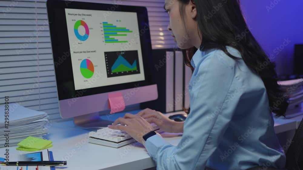 Poster Office worker analyzing colorful charts on desktop computer