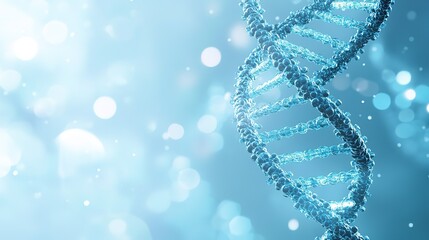 A detailed depiction of a DNA double helix strand against a simple blue background, symbolizing genetics, biotechnology, and scientific innovation, ideal for medical, research, and technology themes.