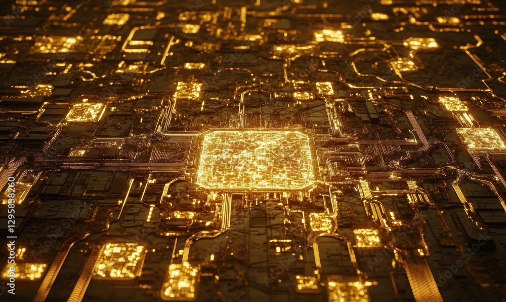 Poster glowing cpu on circuit board, data processing, technology background