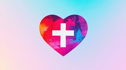 Obraz premium Close-up of a red heart with a white cross icon, placed on a light blue gradient background, symbolic and professional, clean and meaningful