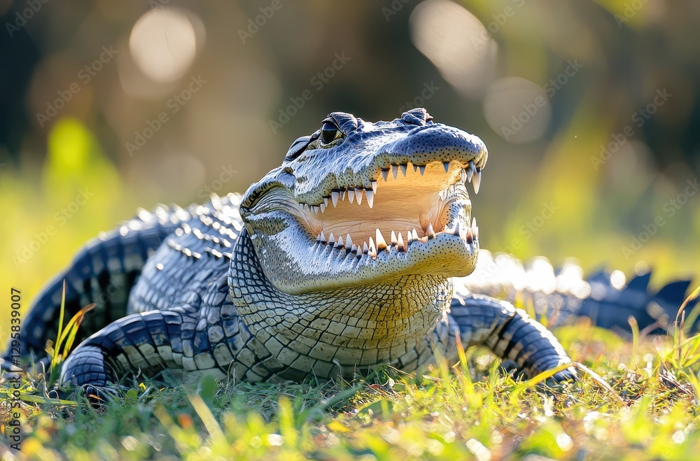 Poster close-up of a crocodile basking in the sunlight with its mouth open, showcasing sharp teeth in a vib