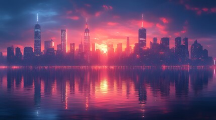 Fototapeta premium Cityscape sunrise reflection, urban waterfront, vibrant sky, promotional use