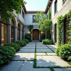 Fototapeta premium Gray concrete pavers create courtyard pattern, style, gray, geometric