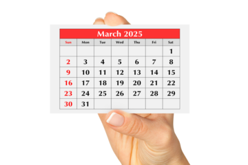 Page of the annual monthly calendar march 2025 in hand. Isolated on transparent png