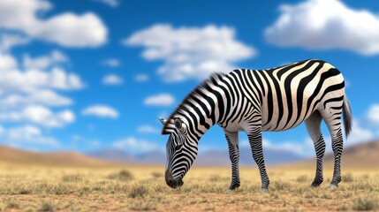 Obraz premium Zebra Grazing in African Savanna under Blue Sky