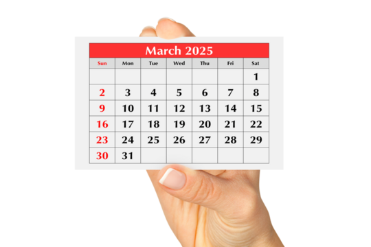 Page of the annual monthly calendar march 2025 in hand. Isolated on transparent png