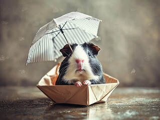 Guinea pig sailing in paper boat under tiny umbrella