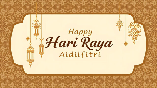 Vintage happy hari raya aidil fitri menu card with gold floral ornament and retro frame design