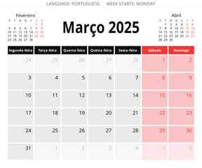 March PORTUGUESE monthly calendar 2025 year. Vector page illustration for Portugal