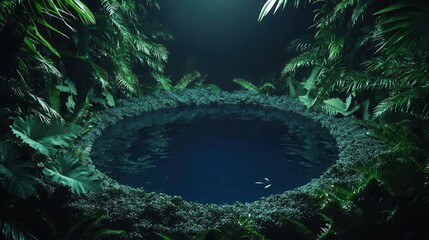 Serene Deep Pool in Lush Tropical Foliage at Night