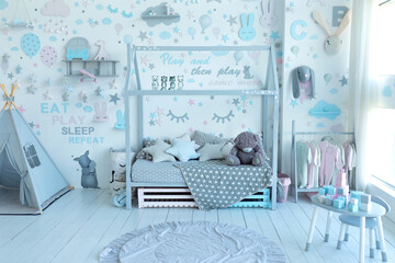 Stylish light interior design scandinavian child's room with wooden bed of shape house, table and chair, shelf with toys, rack with clothes and colorful stickers on wall. Template.	
