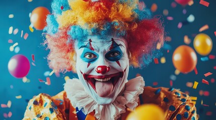 A cheerful clown with colorful attire, a bright red nose, and exaggerated facial expressions, exuding joy and humor, perfect for entertainment, circus, and children's party themes.