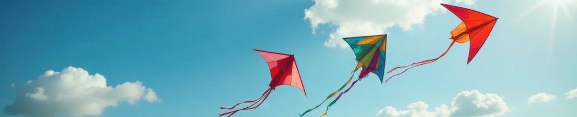 Fototapeta premium Vibrant kites soar, siblings bond in joyful outdoor play , kite flying, colorful kites