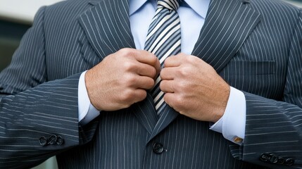 Capturing Confidence A Close-Up of a Businessman in a Striped Suit, Emphasizing Success and Professionalism Explore the details of his attire, the texture of the fabric, and the determined expression