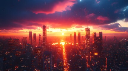 Fototapeta premium Fiery sunset cityscape, rain, futuristic skyline, digital art, promotional
