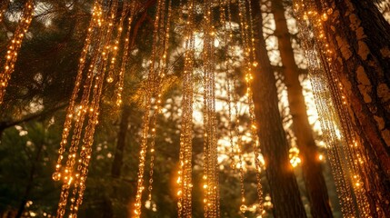 Naklejka premium Enchanting golden beaded air curtains cascading in a forest nature scene magical atmosphere soft lighting