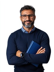 Professional man with glasses smiling confidently while holding a notebook in a modern office setting