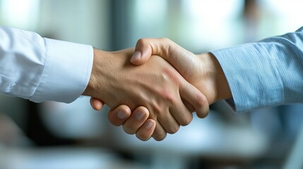 Close-up of two people shaking hands in a business setting.