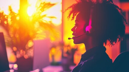Close-up of a travel agent using a headset while assisting a customer in a modern office with soft indoor lighting
