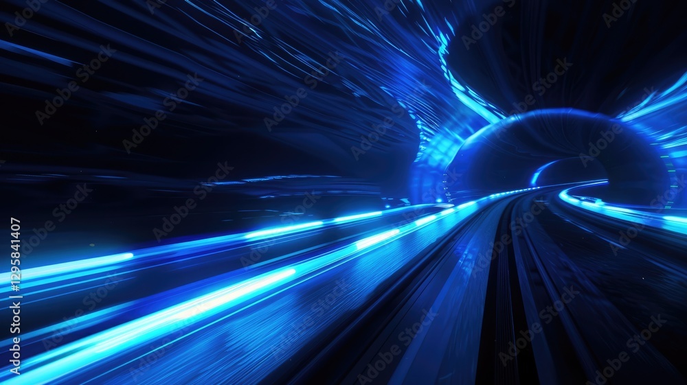 Poster a striking blue light projection captured in a dark tunnel, creating a sense of motion and depth. th