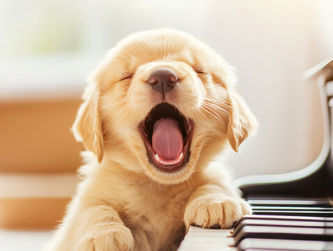 Golden retriever puppy yawns at piano
