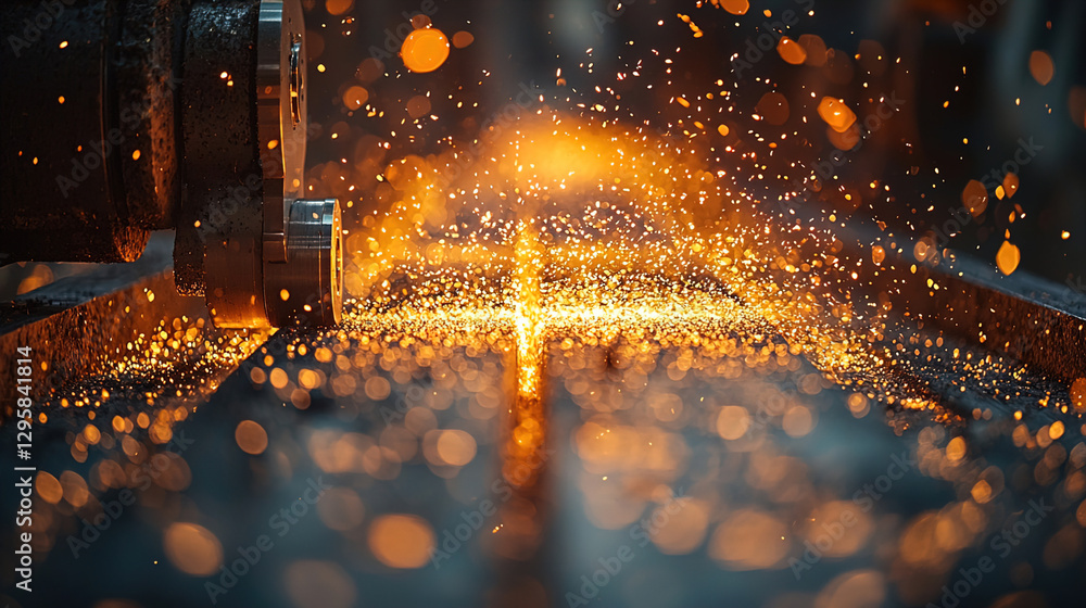 Aufkleber grinding metal creates sparks in workshop while creating intricate designs during late evening hours