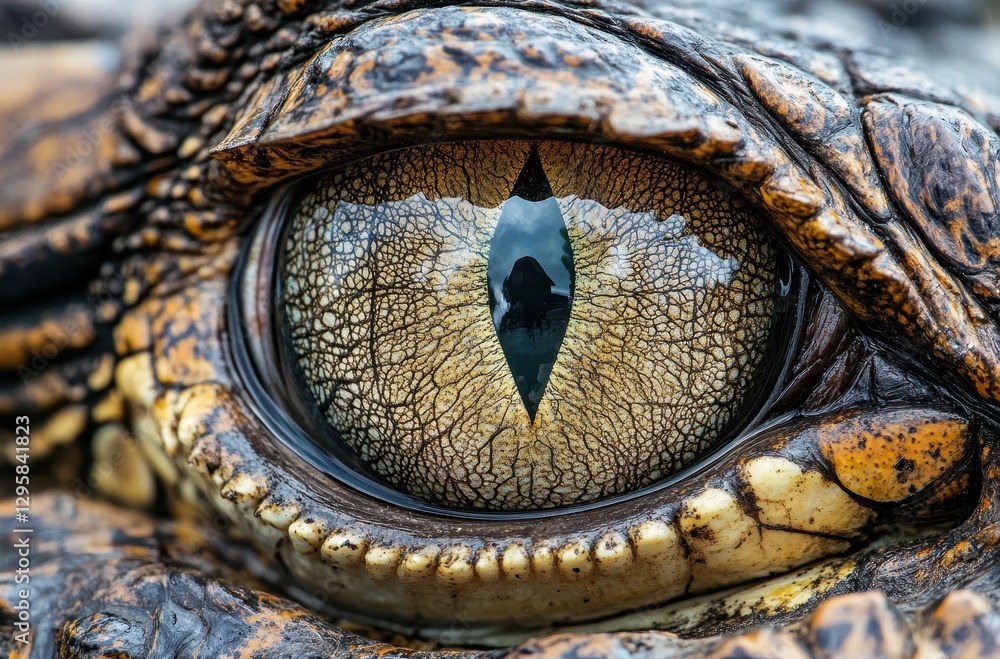 Poster close-up of a crocodile eye capturing intricate patterns and reflections in nature, highlighting uni