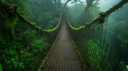 Suspended bridge stretches over lush rainforest in the early morning light, inviting adventure and exploration
