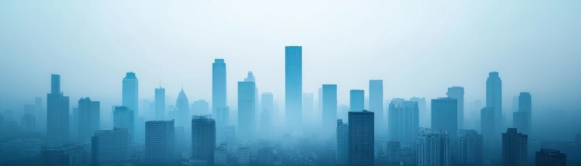A misty city skyline with tall buildings under a blueish hue, creating a serene and tranquil atmosphere.