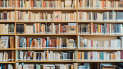 A blurred bookshelf full of assorted books, with a mix of vibrant hues and warmth. AI Generated Images