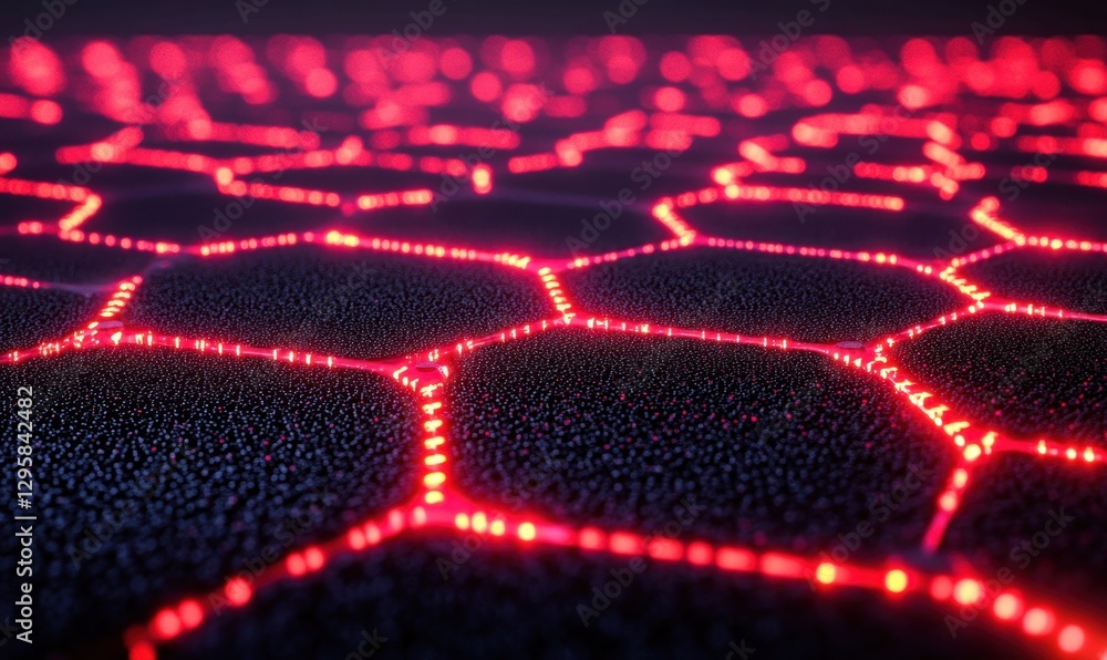 Poster glowing hexagonal network on dark textured surface, tech background