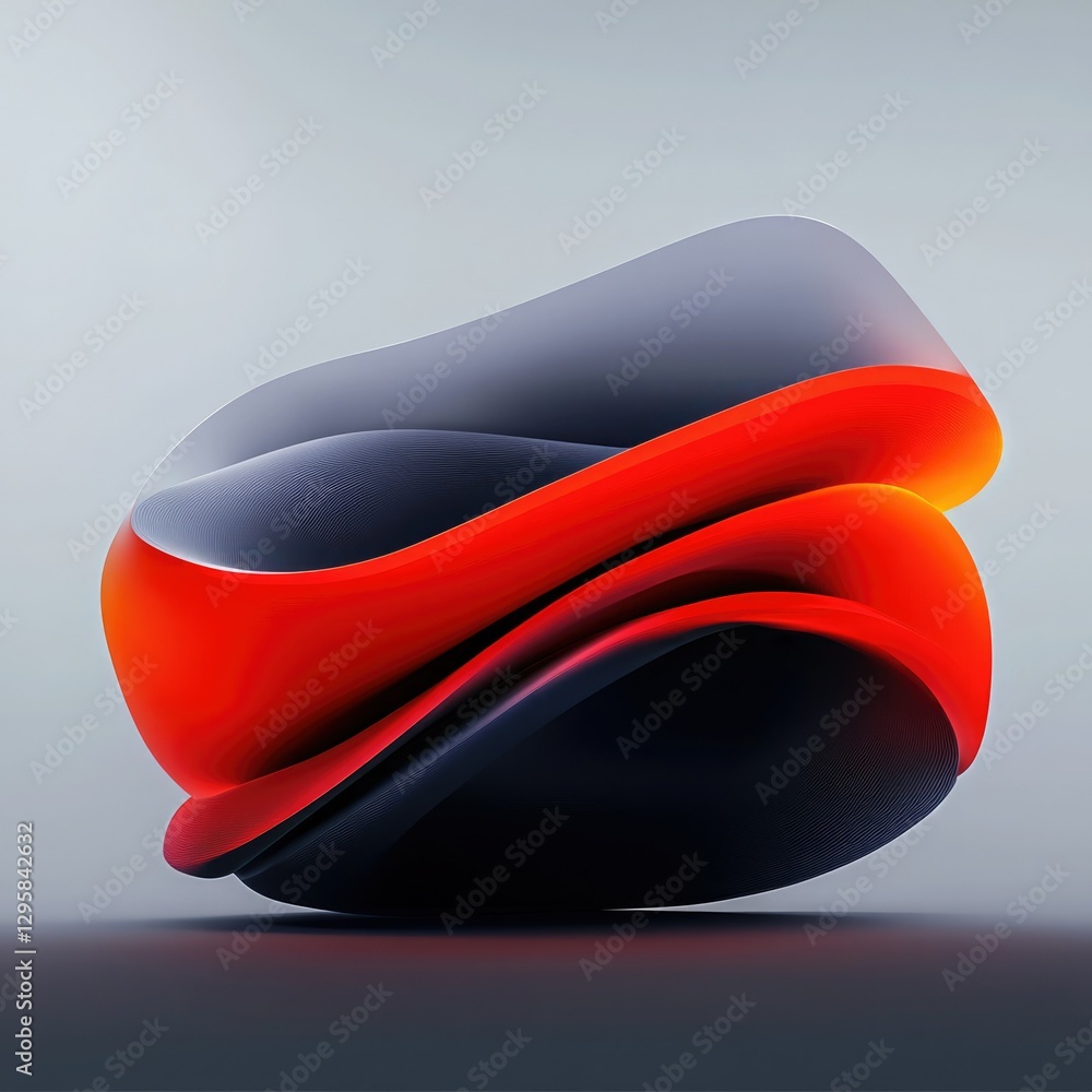 Poster dynamic abstract sculpture showcasing flowing forms in red and black tones against a soft gray backg