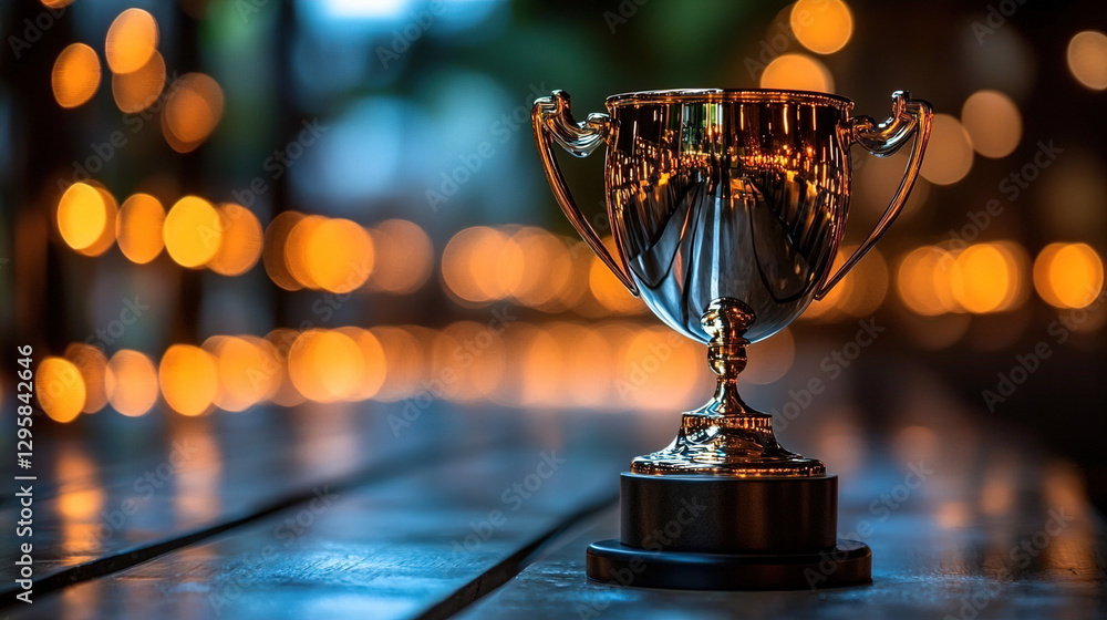 Poster reflective trophy on a wooden table surrounded by soft glowing lights at an evening event. generativ